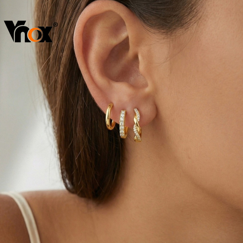 Vnox Shiny Gold Zircon ต่างหูชุดสําหรับผู้หญิง, 3 ชิ้น Stud Hoop Dangle ต่างหูของขวัญวันเกิดกันน้ําสําหรับเธอ