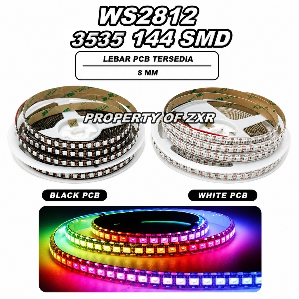 WS2812B 3535 สมาร์ท LED Strip RGB 5V แอดเดรส 144LED 8 MM สีดํา PCB สีขาว Universal