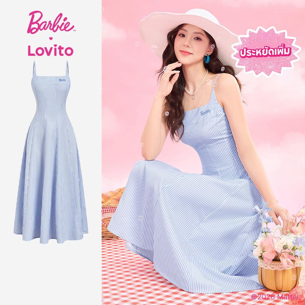 [Summer Sale] (New Arrival) Barbie™ X Lovito ชุดเดรสผู้หญิงฤดูร้อนสีฟ้าขาว มีระบาย สไตล์ลําลอง DRBL4PAD016