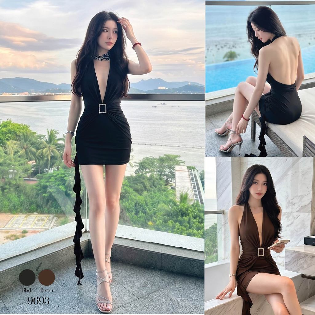 มินิเดรสสายเดี่ยว คล้องคอสุดเซ็กซี่ ดีเทลคอวีลึก แต่งหัวเข็มขัดเพชรหรูหรากลางอก ติดพู่ห้อยเกลียวยาวด้านข้าง #9693
