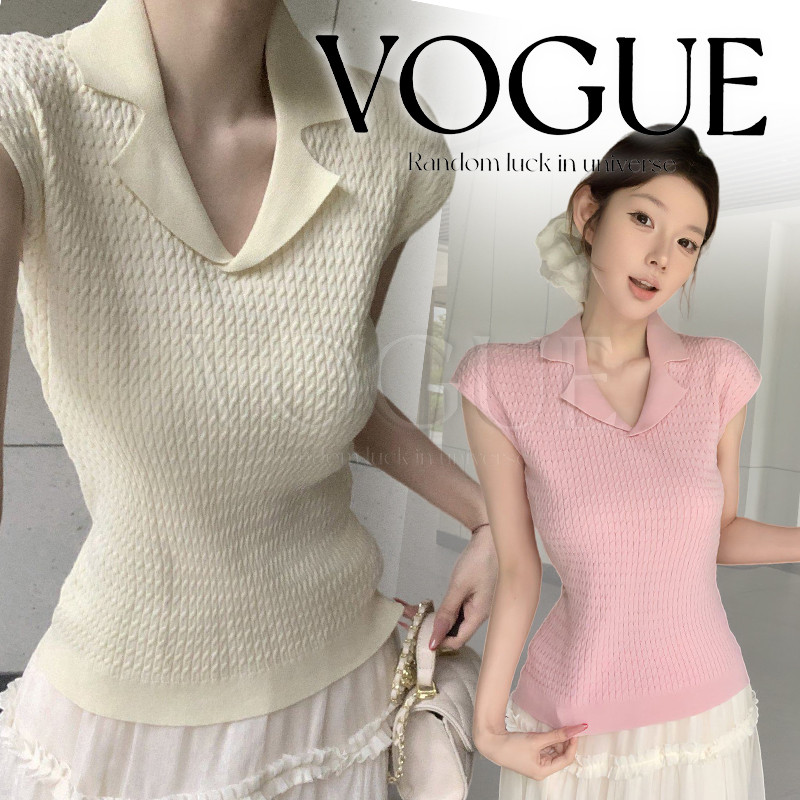 Vogue🌟พร้อมส่ง🌟 เสื้อแขนกุดไหมพรมคอปก ผ้ายืดระบายอากาศ ทรงรัดรูปพรางหุ่น สไตล์เกาหลี (08112)