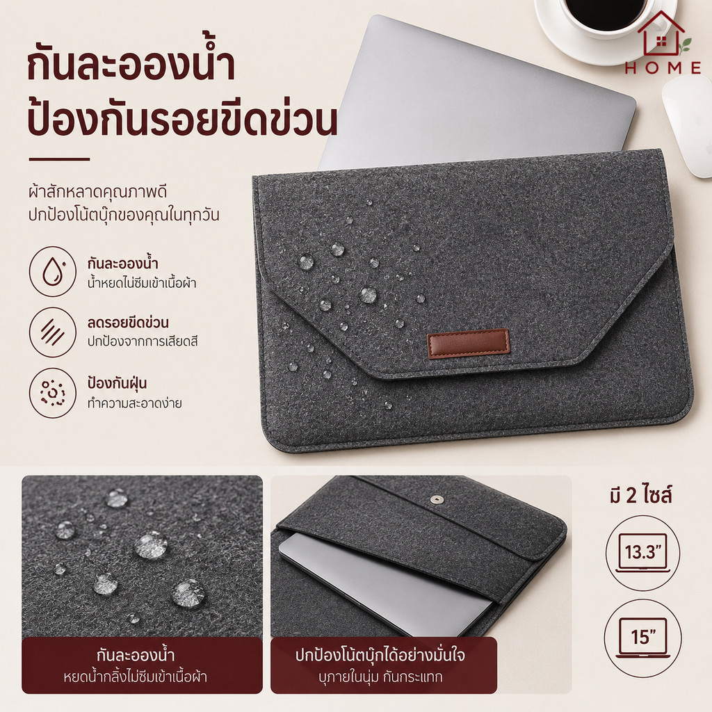 Home007 (มีกระเป๋าชาร์จ)กระเป๋าคอมพิวเตอร์ กระเป๋าโน๊ตบุ๊คซอฟท์เคสครอบป้องกันรอยขีดข่วนสำหรับ 8-15นิ้ว  Computer Bag