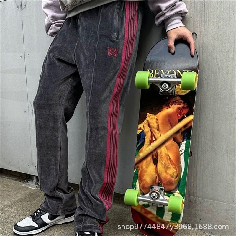 Needles Embroidered velvet straight-leg men's pants, loose casual pants, wide-leg, long pants for me