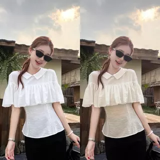 Chili Koko เสื้อเชิ้ตแขนกุดคอปกสีขาวสำหรับผู้หญิง สไตล์สปริง ดีไซน์โดดเด่น ทรงเข้ารูป แมทช์ง่าย 99437