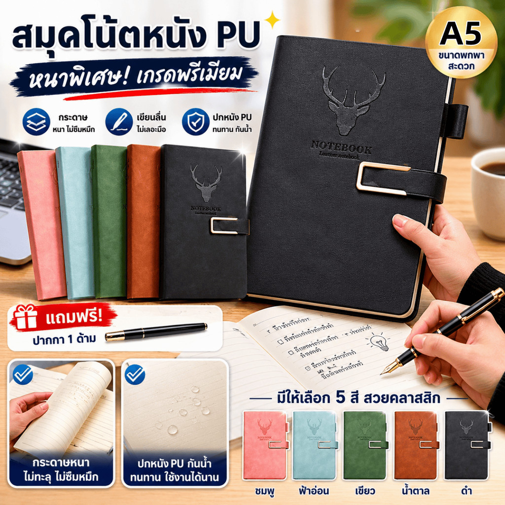 【🎈ซื้อ 1 แถม 1】สมุดบันทึกปกหนังกลิ้งพร้อมปากกาเจลคลิปหนีบปากกา สมุดจดงานออฟฟิศนักศึกษาสถาบันธุรกิจ ของขวัญงานเลี้ยง