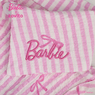 (New Arrival) Barbie™ X Lovito Kids ชุดเดรสสีชมพูเด็กผู้หญิง ฤดูใบไม้ผลิ/ร้อน ทรงปลายขาเข่า ปักลายและกระดุม เกาหลี อินเทรนด์ LBL5AD030