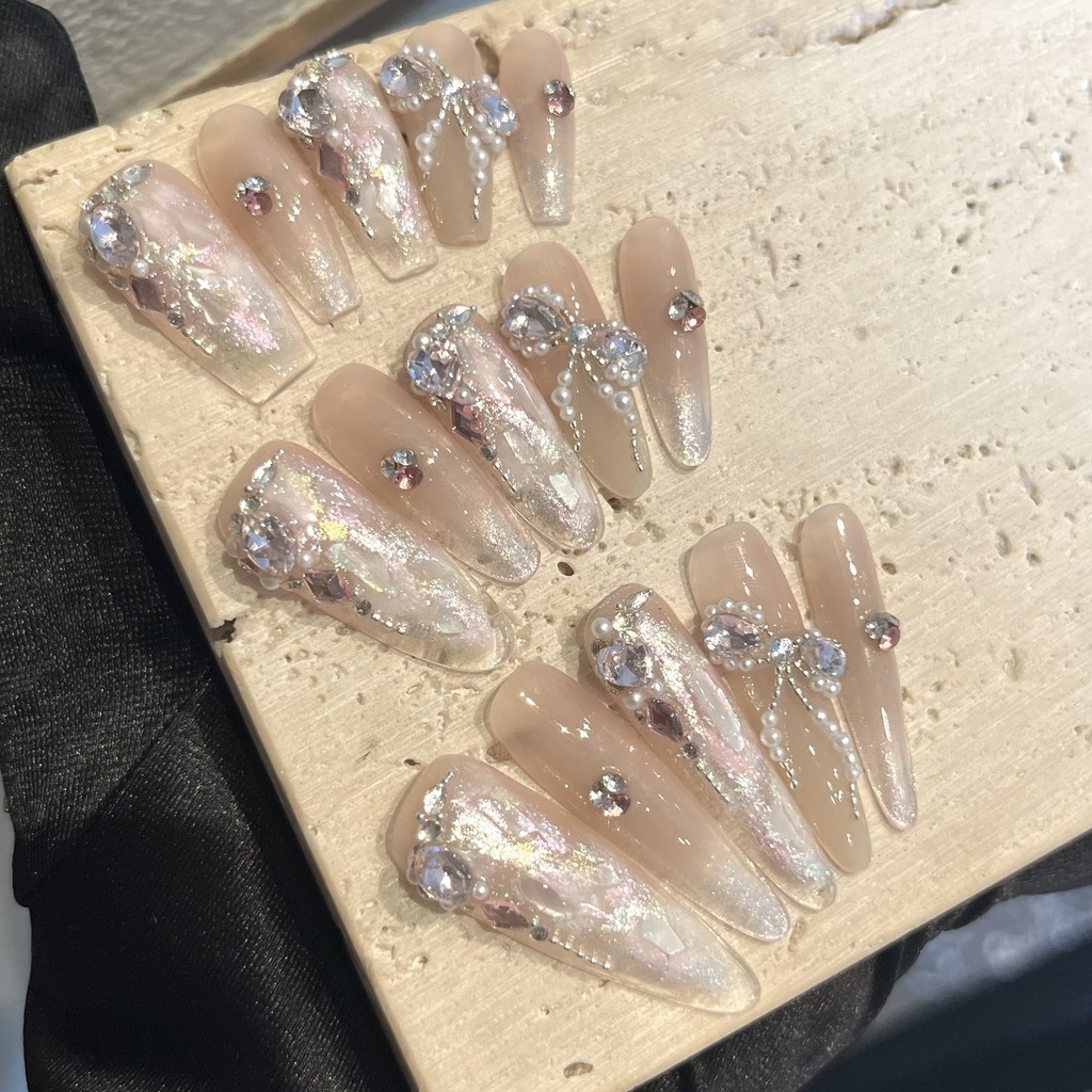 [Xiyio] Acetate สวมเล็บ Pure Hand-Made สวมใส่เล็บสีนู้ดขายร้อนไวท์เทนนิ่งแต่งเล็บทําด้วยมือสวมใส่ Wholesal