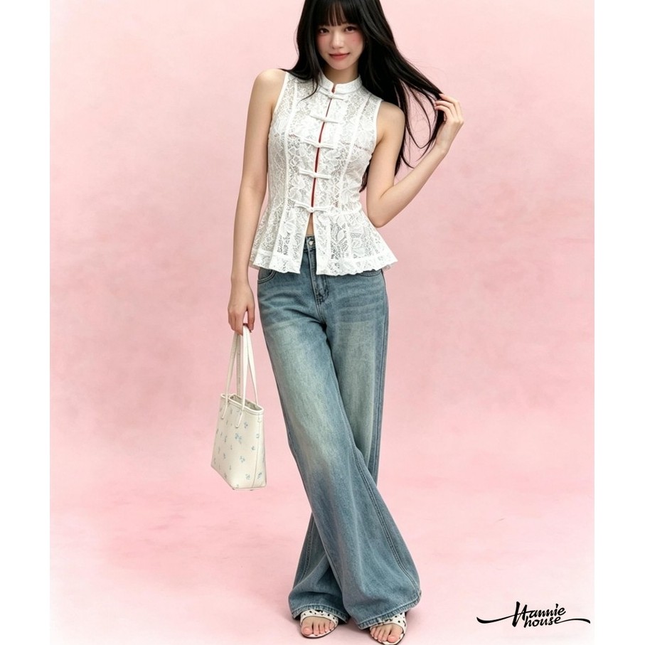 HANIE House - เสื้อลูกไม้สำหรับผู้หญิง คอปกแมนดาริน ดีไซน์.peplum sheer แขนกุด