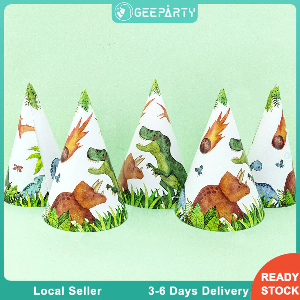 GeeParty หมวกกระดาษไดโนเสาร์ T-Rex 6 ชิ้น สำหรับงานวันเกิดเด็กผู้ชาย ธีมไดโนเสาร์ และตกแต่งปาร์ตี้