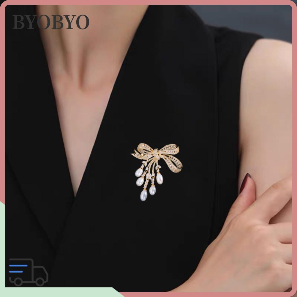 BYOBYO เข็มกลัดหรูหราพู่มุกเต็มรูปแบบของเพชรผู้หญิงเข็มกลัดปก, เครื่องประดับแฟชั่น Heavy Craftsmanship Bowknot Rhinestone เข็มกลัดสวมใส่ทุกวัน