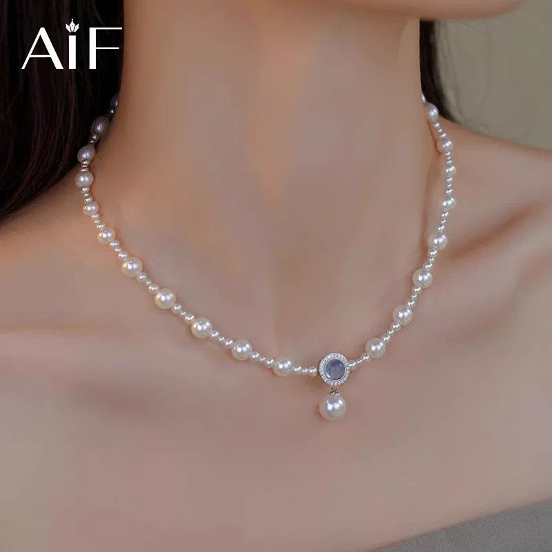 สินค้าขายดี：สร้อยคอไข่มุกแท้ AIF สีฟ้าอควาเมอรีนสำหรับผู้หญิง รุ่นใหม่ปี 2026 จี้หรูหราเบาๆ ของขวัญว