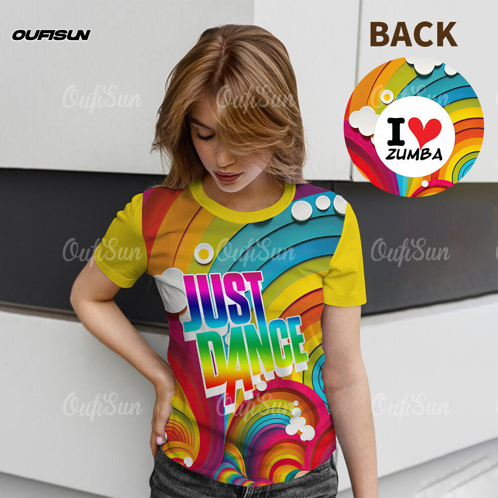 Streetwear Daily Casual ,Rainbow Zumba พิมพ์ผู้หญิงด้านบน,เสื้อยืดระบายอากาศหลวมสําหรับออกกําลังกายแ