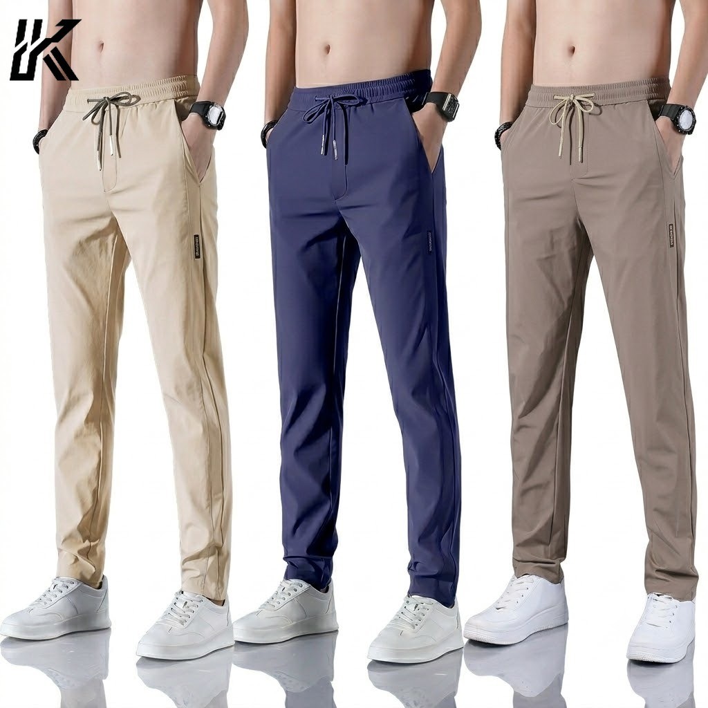 [6 สี] กางเกงผ้าไหมน้ําแข็ง Unisex ขนาดบวกสําหรับผู้ชายสลิมฟิตธุรกิจสบายๆกางเกง M-5XL