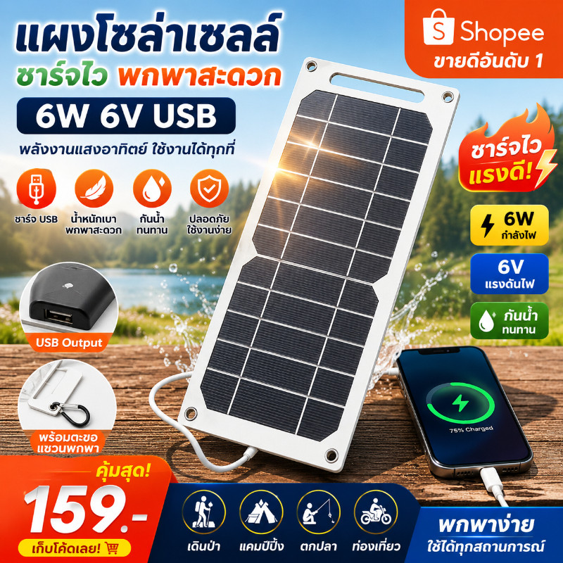 🔥 แผงโซลาร์เซลล์ USB 6V 6W แบบพกพา ชาร์จมือถือ Outdoor Camping Hiking Solar Charger