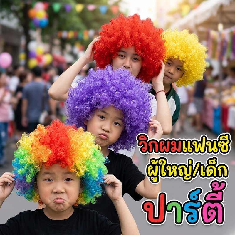 วิกแอฟโฟร วิกผมหยิก วิกแฟนซี สีรุ้ง ผมฟู คอสเพลย์ ปาร์ตี้ งานอีเว้นท์ เชียร์บอล ผู้ใหญ่ เด็ก