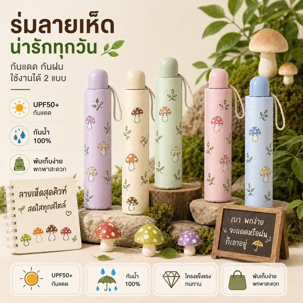 ร่มพับพกพากันยูวี UV ร่มลายเห็ด กันแดด กันฝน UPF50+ ร่มพับ 3 ตอน กันน้ำ100%