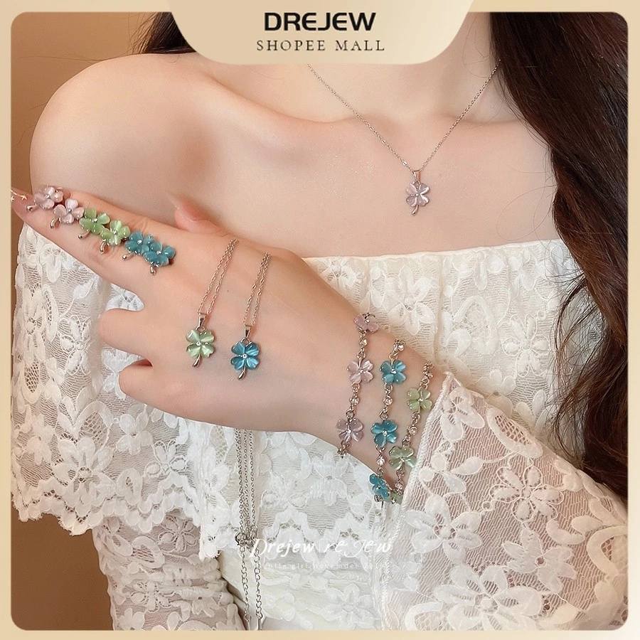 DREJEW 3ชิ้นฝัง พลอยเทียม เลียนแบบตาแมวดอกไม้สร้อยคอต่างหูชุดประณีตสไตล์หวานหรูหราระดับไฮเอนด์อุปกรณ์เสริม