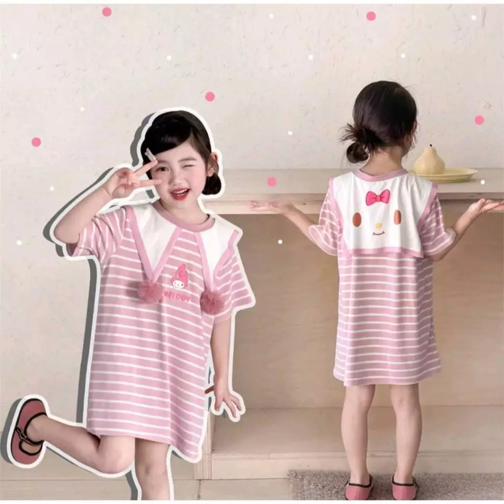 ชุดเดรสเสื้อยืดลายทางคอปก ลายการ์ตูนน่ารัก สวมใส่สบาย สำหรับเด็กผู้หญิง🍇