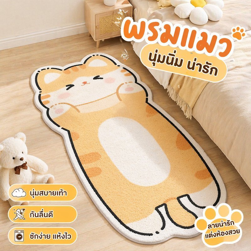 พรมข้างเตียง พรมห้องนอน พรมแมวการ์ตูน ขนนุ่ม ผ้าวูลเลียน กันฝุ่น กันสกปรก แต่งห้อง มินิมอล