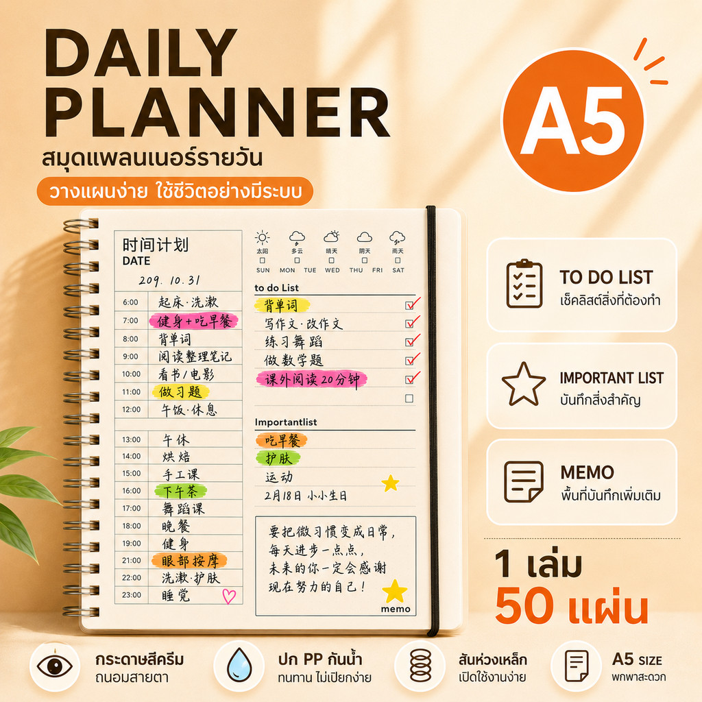 KIKI สมุดแพลนเนอร์รายวัน A5 สมุดวางแผน To Do List 50แผ่น ปกPP กันน้ำ กระดาษถนอมสายตา สันห่วงเหล็ก Daily Planner