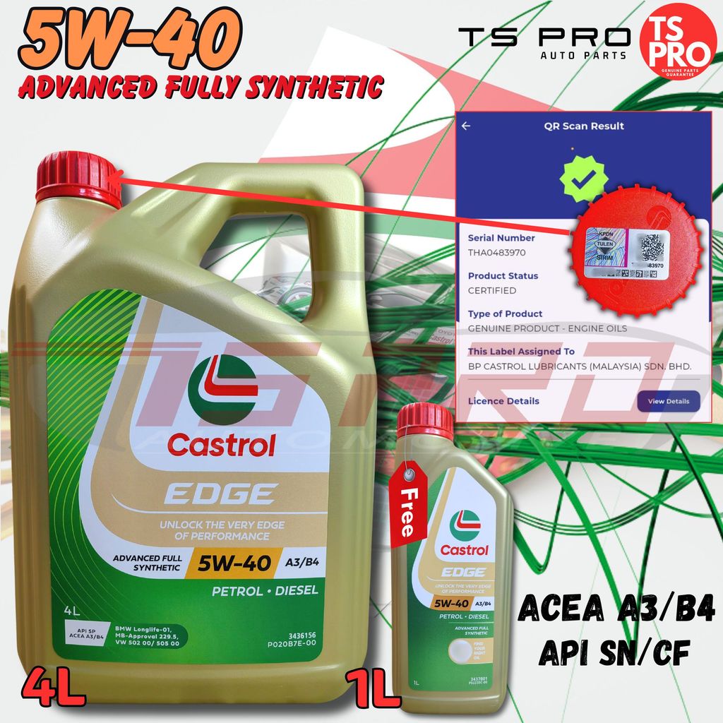 น้ํามันเครื่อง Castrol Edge 5W40 5W-40 (4L) + (1L) + ฟรีสติ๊กเกอร์ไมล์ TS PRO