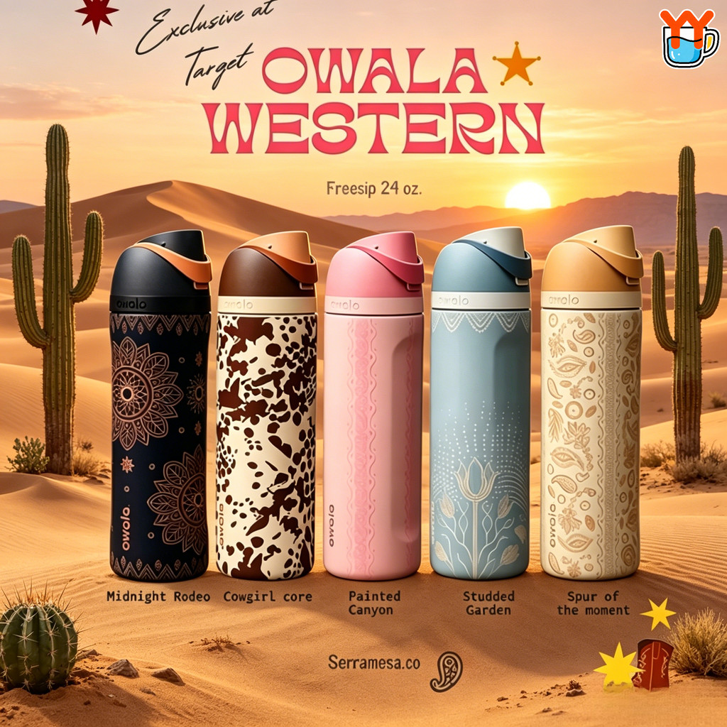 Owala Western Series 24/30/32oz ขวดน้ําฉนวน 304 สแตนเลส FreeSip Leakproof Tumbler ร้อนเย็นสําหรับกีฬาท่องเที่ยว