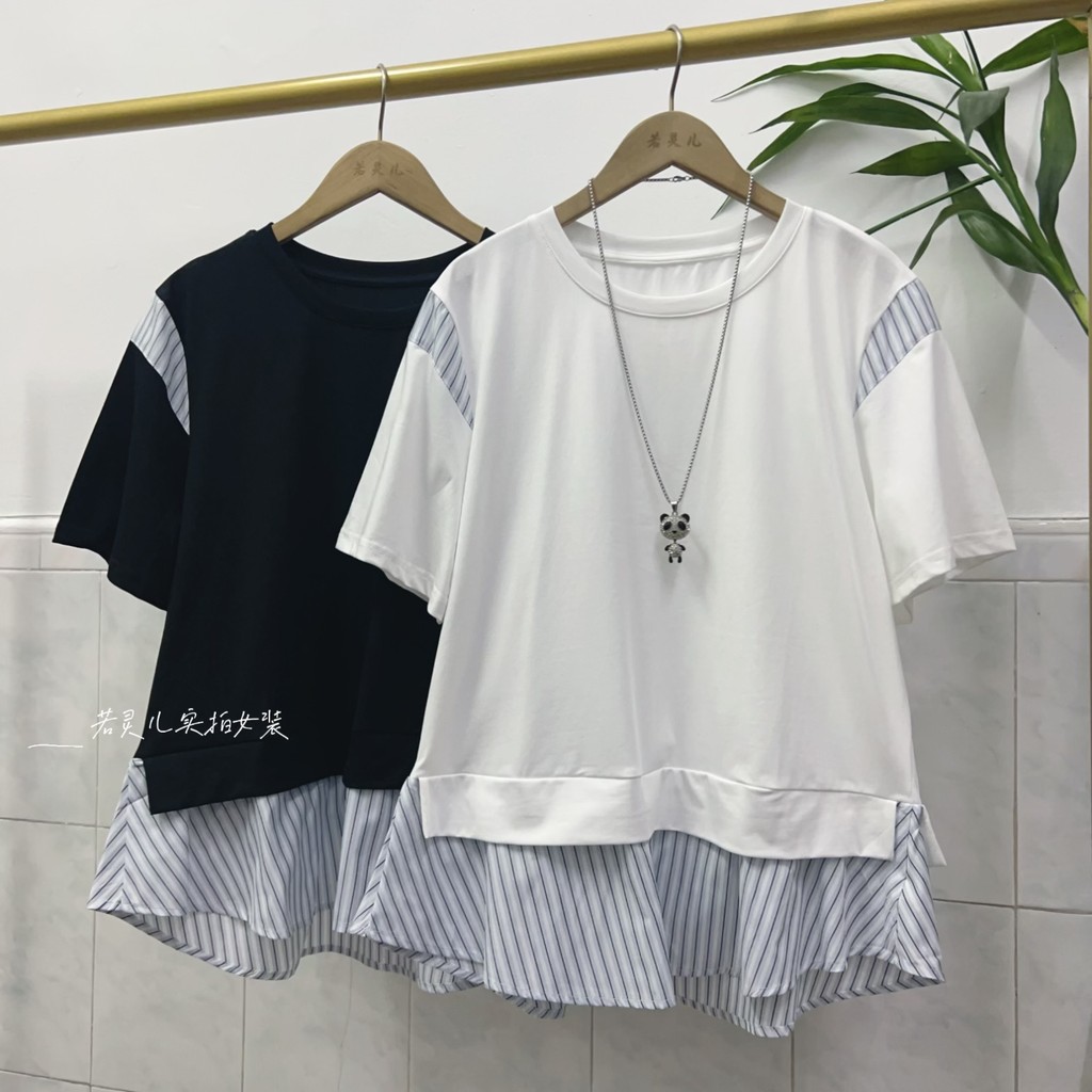 ตาโต [ญี่ปุ่นเกาหลีหนึ่งขนาดเสื้อผ้าผู้หญิง] เสื้อยืดแขนสั้น-2 สีฤดูร้อนสไตล์เกาหลีหลวมสบายๆครอบคลุมเนื้อ ผอมลง ดูผู้หญิงลายเย็บแขนสั้นเสื้อยืดด้านบ