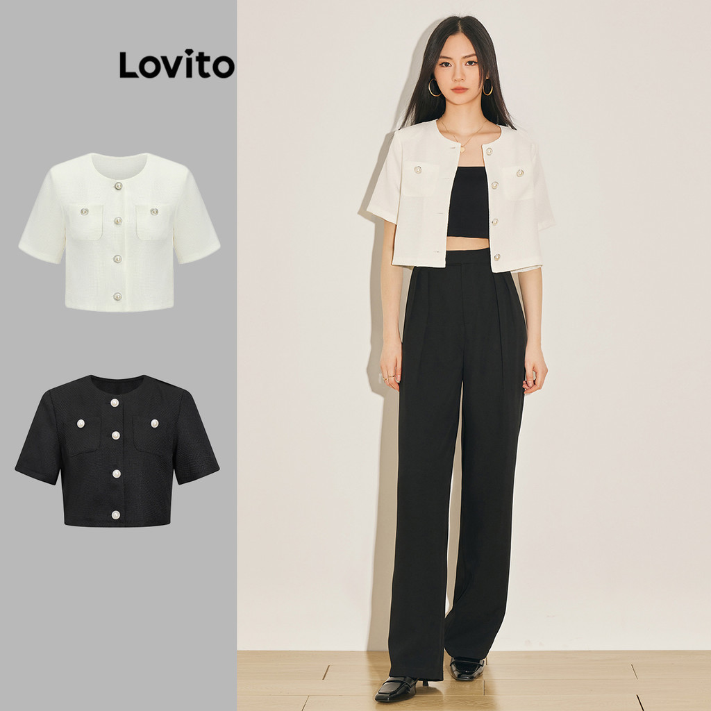 Lovito เสื้อแจ็คเก็ตลําลองเสื้อแจ็คเก็ตปุ่มกระเป๋าธรรมดาสําหรับผู้หญิง L61AD005 (สีขาว)