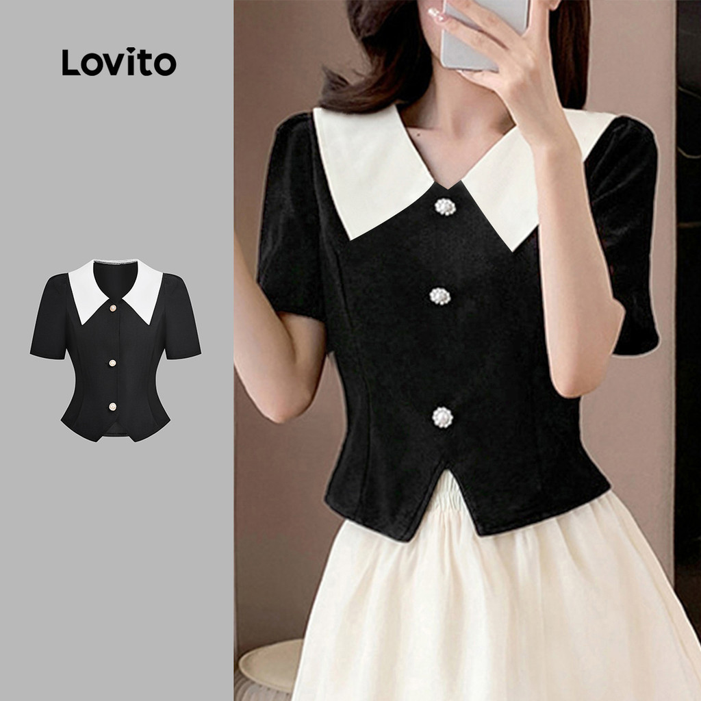 Lovito เสื้อเบลาส์สีดำสำหรับผู้หญิง สไตล์คลาสสิก สวมใส่สบาย เหมาะกับทุกโอกาส ดีไซน์สีตัดกัน ติดกระดุม เหมาะสำหรับฤดูใบไม้ผลิ/ฤดูร้อน L138ED038