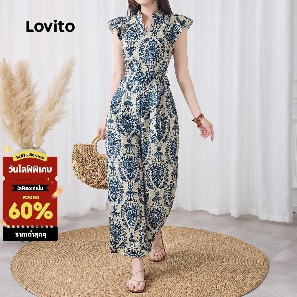 Lovito โบฮีเมียนลายชนเผ่าผูกเชือกซิปจั๊มสูทสําหรับผู้หญิง L133ED204