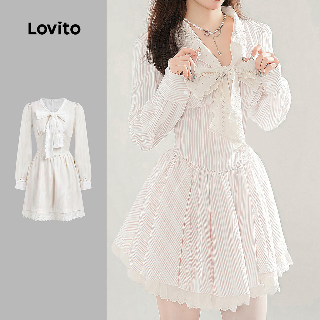 Lovito ชุดเดรสลูกไม้แบบลำลอง สำหรับฤดูใบไม้ร่วง/ฤดูหนาว สีชมพู สำหรับผู้หญิง L159AD162