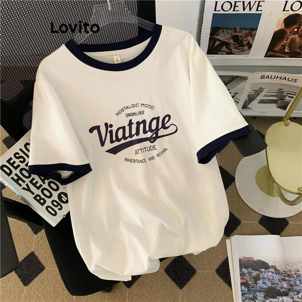 Lovito เสื้อยืดลําลองพิมพ์ลายตัวอักษรคมชัดผูกพันเสื้อยืดสําหรับผู้หญิง LNE48106