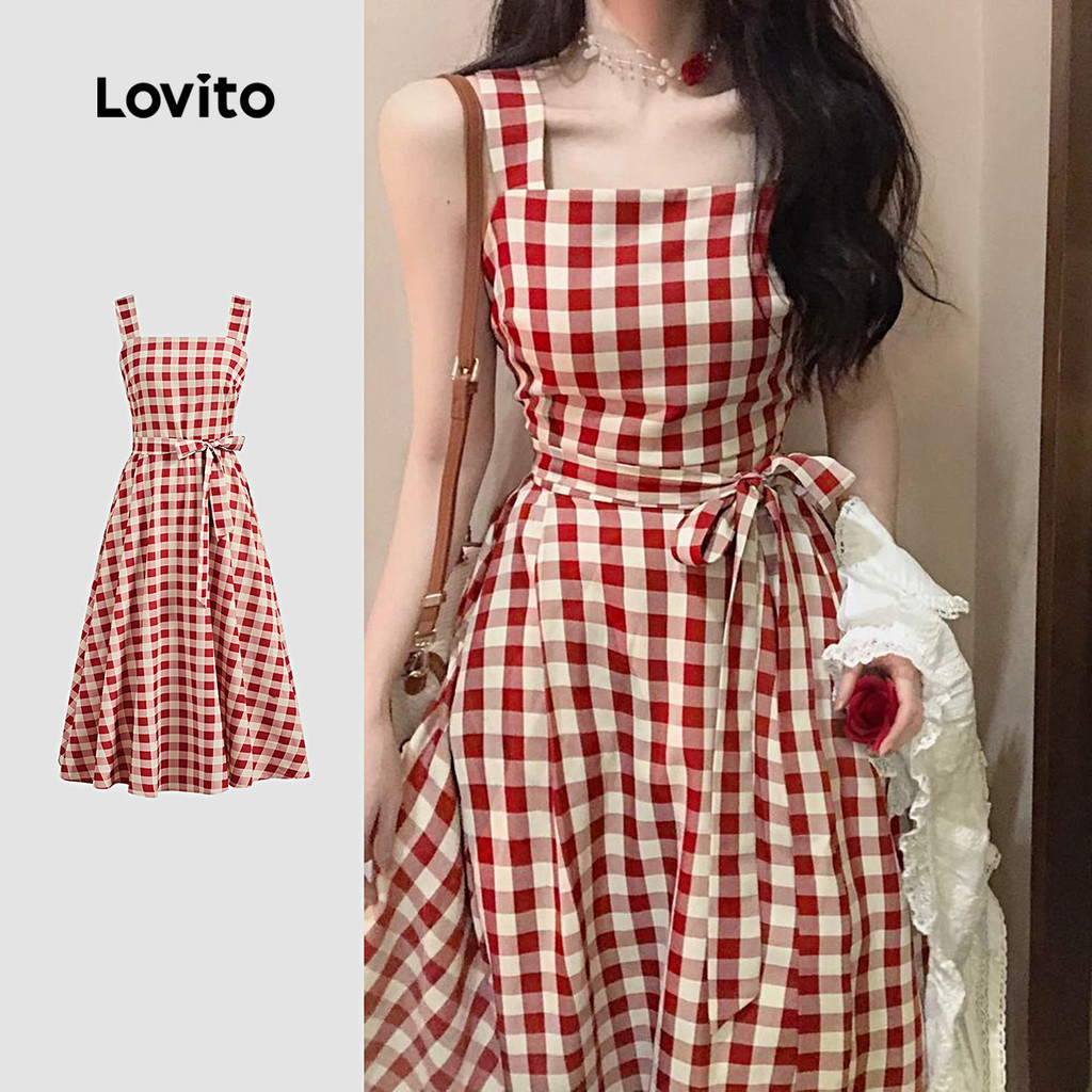 Lovito เดรสลำลองมีเข็มขัด เนื้อผ้าเรียบลื่น สวมใส่สบาย เหมาะสำหรับฤดูใบไม้ผลิ/ฤดูร้อน สำหรับผู้หญิง LB134LD257