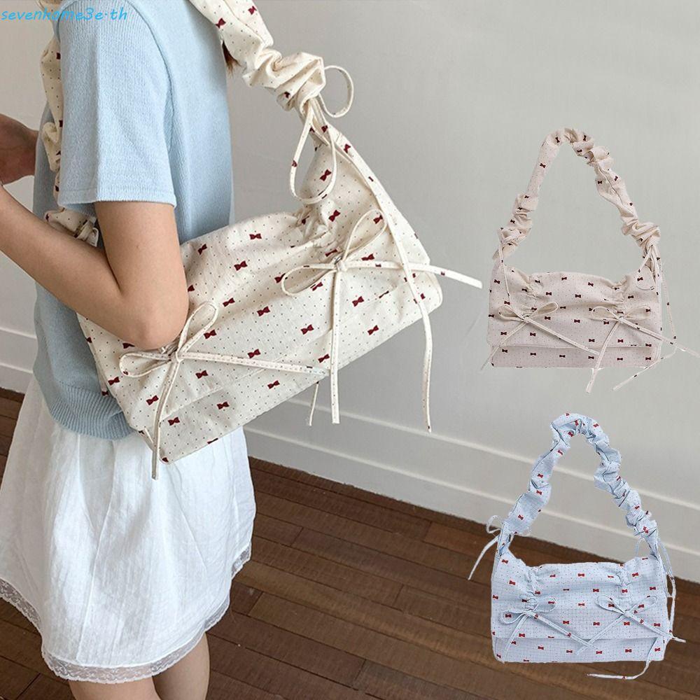 SEVENHOME3E Bow Ribbons Bag, Leisure Korean Pleated Shoulder Bag, Fashion Versatile Y2k Sweet Womens