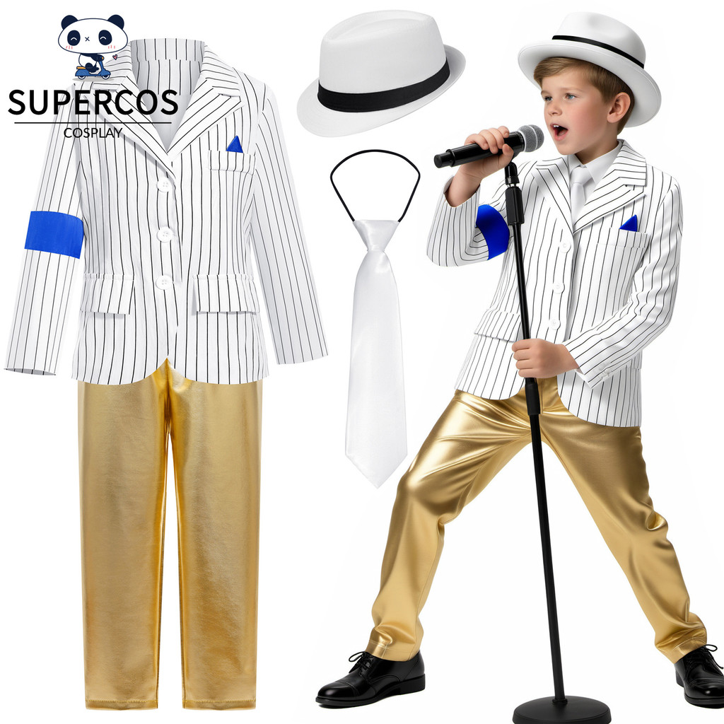 Michael Jackson MJ คอสเพลย์ชุดสูทสีขาวเครื่องแต่งกายสําหรับเด็กเด็กเต้นรําเวทีแสดง