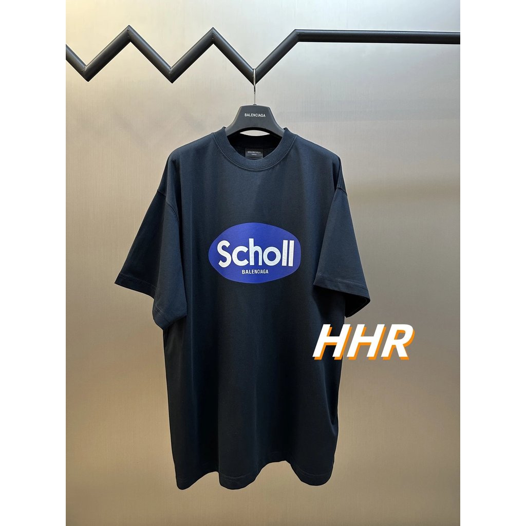 [รุ่นที่ถูกต้อง] Balenc1ag @/Paris Chest Cool พิมพ์โลโก้รอบคอแขนสั้นเสื้อยืด os หลวม All-Match กีฬา 