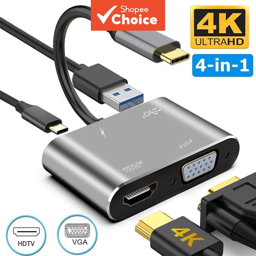 4K 60Hz USB C ถึง HDMI VGA อะแดปเตอร์ 4-in-1 ประเภท C Multiport Hub Audio Video Splitter Converter สําหรับแล็ปท็อป MacBook PC TV