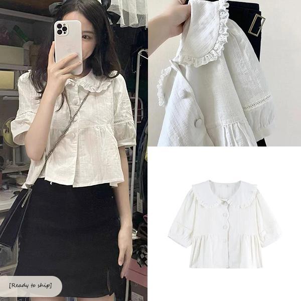 mimi&didi[สินค้าพร้อมส่ง]เสื้อครอปลูกไม้คอปกตุ๊กตาสำหรับผู้หญิง สีขาว แขนสั้น สไตล์เกาหลี สำหรับฤดูร้อน#W729