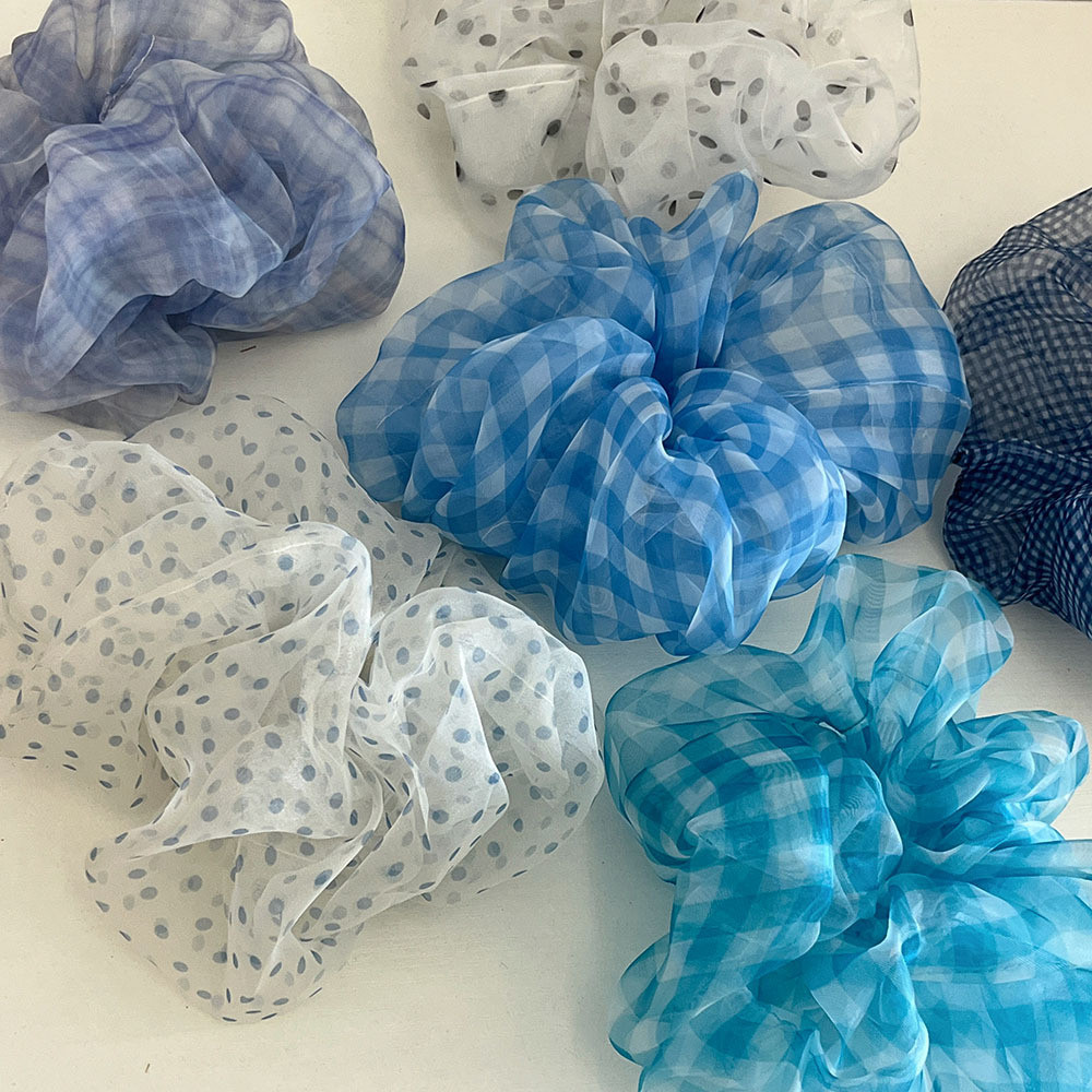 ฤดูร้อนขนาดใหญ่ Clear Blues Gauze ลายสก๊อต Polka Dot Scrunchy อ่อนโยนต่ําหางม้าหัวเชือกฤดูร้อนเชือกผมหญิง