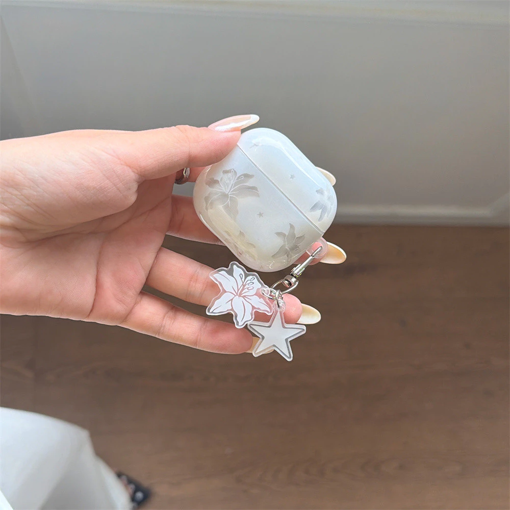 สีขาวลูกไม้ Lily ดอกไม้ดอกไม้โปร่งใสหูฟังสําหรับ AirPods 4 1 2 3 Pro Pro3 AirPod Pro2 นุ่มฝาครอบป้องกันแขวนพวงกุญแจ funda