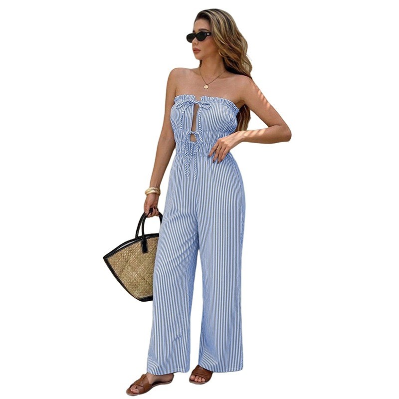2026 สไตล์ใหม่ Retro Vacation สไตล์ลายเชื้อรา Edge Tube Top Lace-Up Jumpsuit กางเกงผู้หญิงฤดูร้อน Beach Casual Jumpsuit 43OA