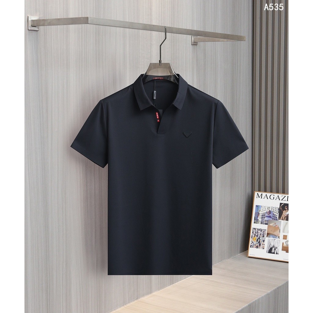 SI4Z Pr**a Summer Turn-Down Collar Short-Sleeve Men's T-Shirt with Triangle Logo for Youth polo Shir
