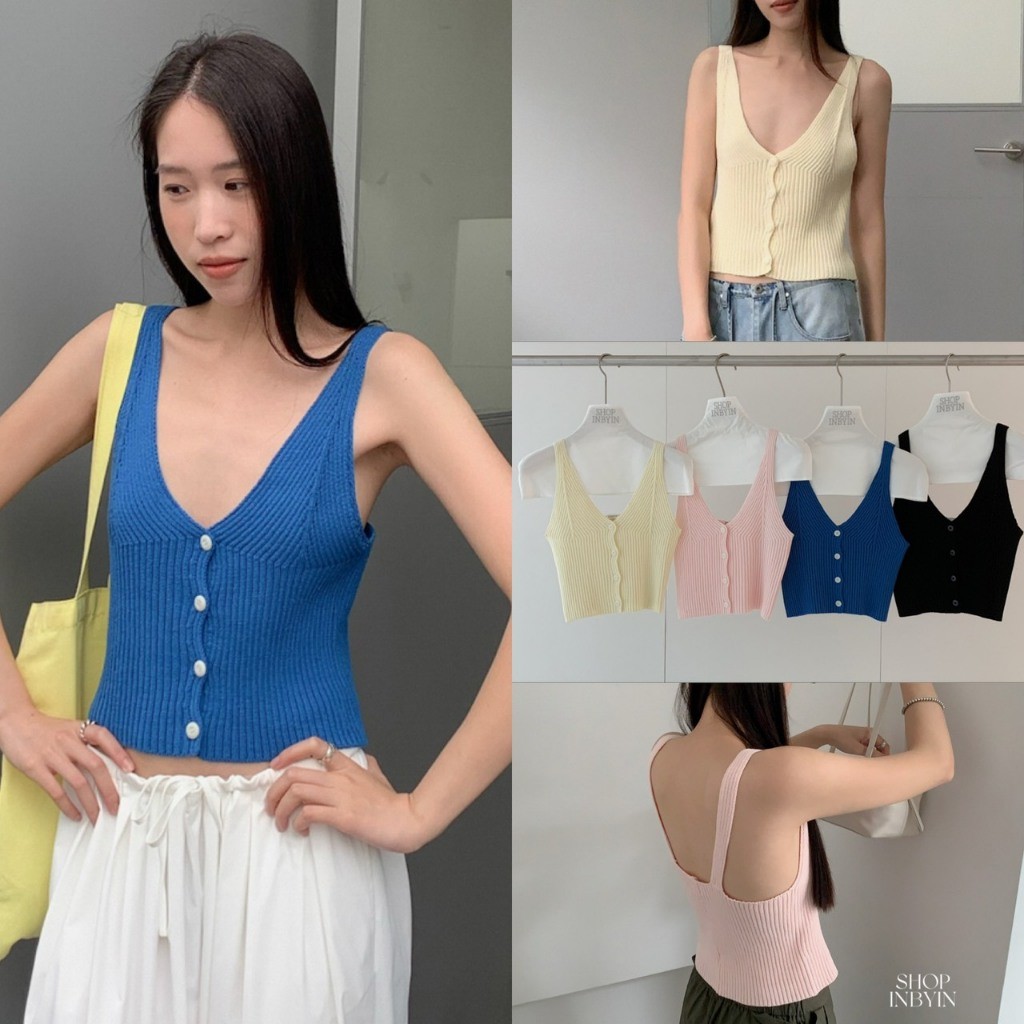 ❤ 🧵 🇰🇷 I3636 เสื้อกล้ามคอวี ผ้าไหมพรมเนื้อนิ่ม แต่งกระดุม ผ้ายืดหยุ่นได้ดี แฟชั่นเกาหลี TAG In by In 🧡