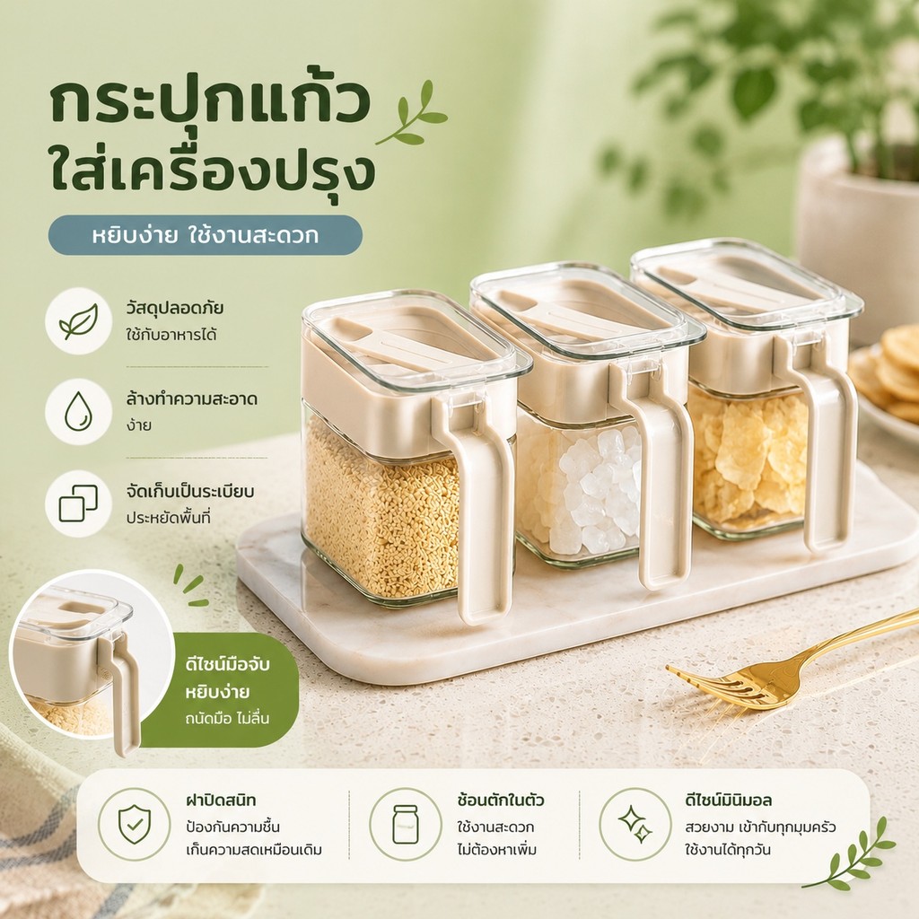 S00061 โถแก้วเครื่องปรุง เครื่องปั่นเกลือ ชั้นวางเครื่องปรุงเกรดอาหารพร้อมช้อนขนาด 300มล