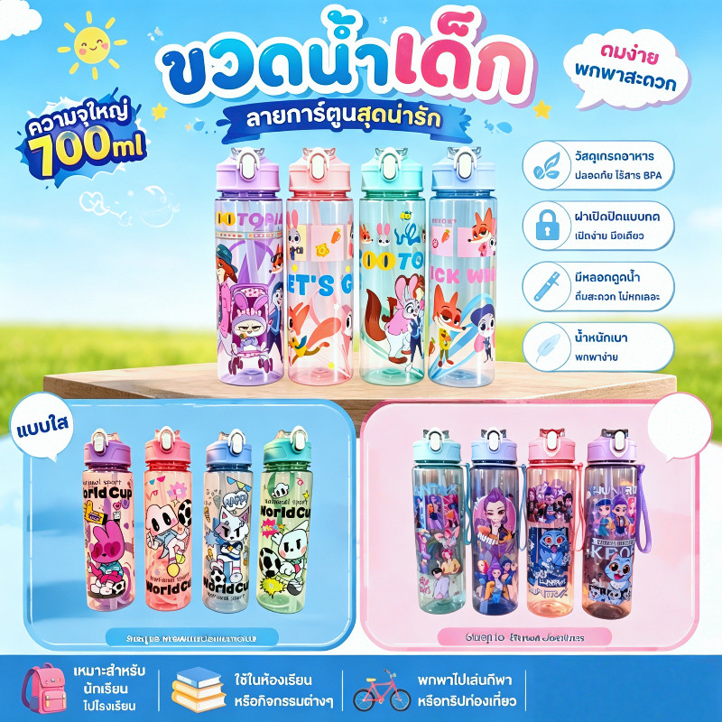 ขวดน้ำพลาสติก700ml พร้อมหลอดดูด ขวดน้ำพกพา BPAFree น้ำหนักเบา เปิดฝาง่าย กันรั่ว ใช้ได้ทุกวัน สำหรับนักเรียน ออกกำลังกาย