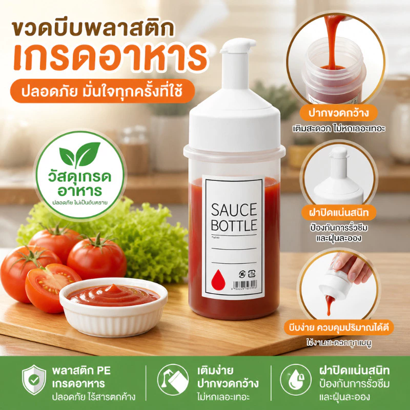 ขวดบีบซอส ขวดบีบน้ำมัน พลาสติกเกรดอาหาร ขนาด 250/450ml พร้อมฝาปิด ปลอดภัยใช้ในครัว รองรับCOD