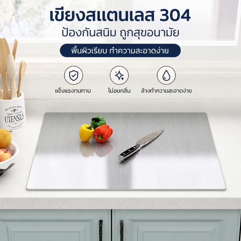 เขียงสแตนเลส 304 สำหรับครัว ทำจากสแตนเลสหนา ขนาดใหญ่ มีสองด้าน ใช้งานได้ทั้งสองและป้องกันสนิมและแบคทีเรีย