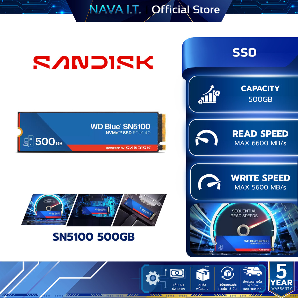 WD SSD (เอสเอสดี) BLUE SN5100 500GB GEN 4.0 (WDS500G5B0E-00CPE0) WARRANTY 5 YEAR