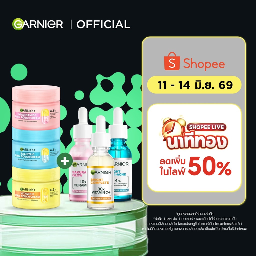 [เซตสุดคุ้ม] ซาลิไซลิคดรายทัชครีม + เซรั่ม 30มล. Garnier, ครีมบำรุงผิวหน้า ครีมทาหน้า ครีมโมจิผิวเด้งนุ่มกระจ่างใส