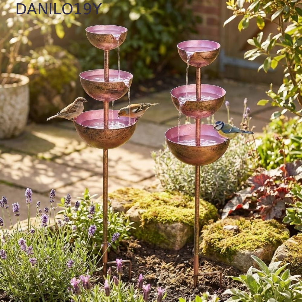 DANILO19Y อาบน้ํานก 3 ชั้น, เหล็กวินเทจตกแต่งสวน Rain Catcher, ตู้น้ํานกสามชั้นชาม Handmade Garden Stake Bird Feeding Station Patio